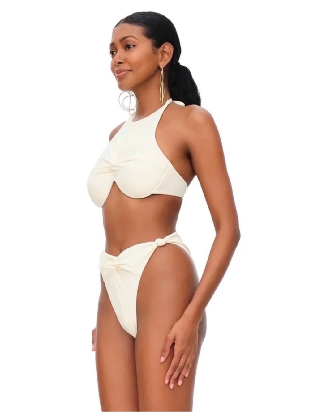 NWT Andrea Iyamah 🤍 White Cream High-Neck Bikini with Knot Accents